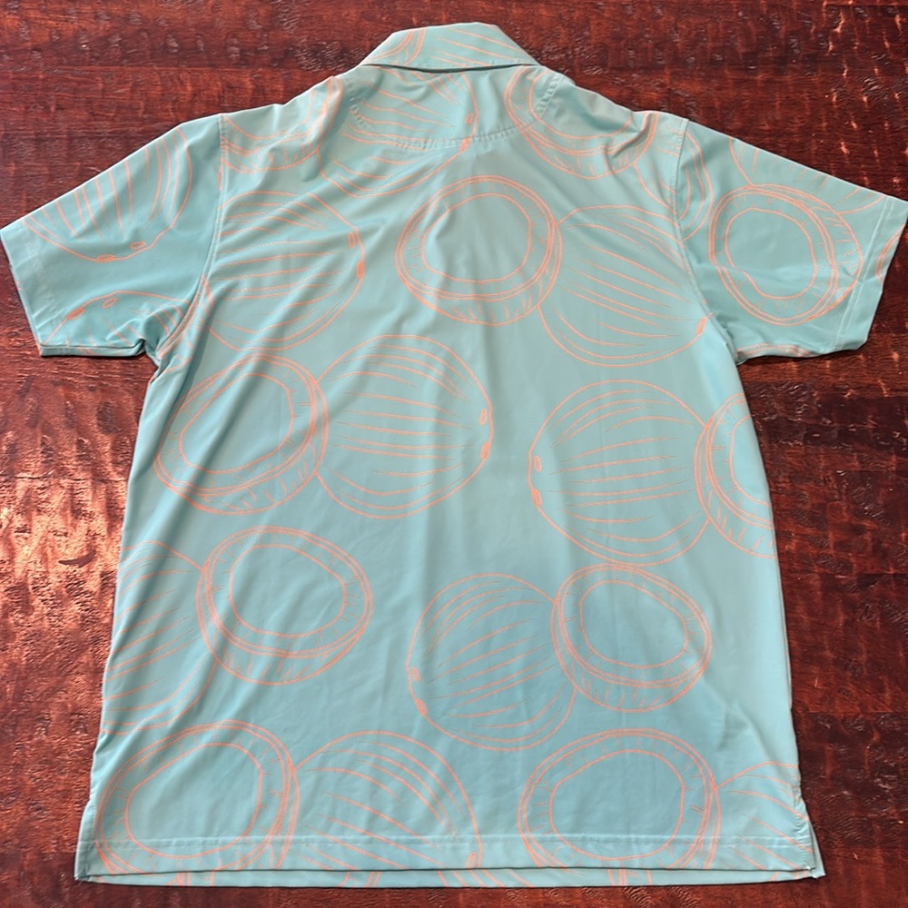 Five Birdies Men's Aqua Polo Shirt with Orange Coconut Accents - Picture 5 of 5
